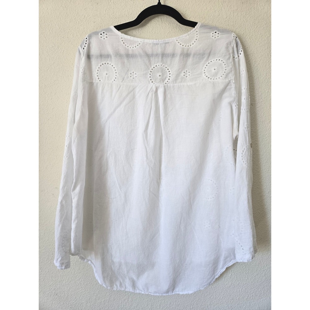 Tempo Paris Womens L Blouse White Eyelet Cotton Long Sleeve Top Coastal Beach - Picture 4 of 8